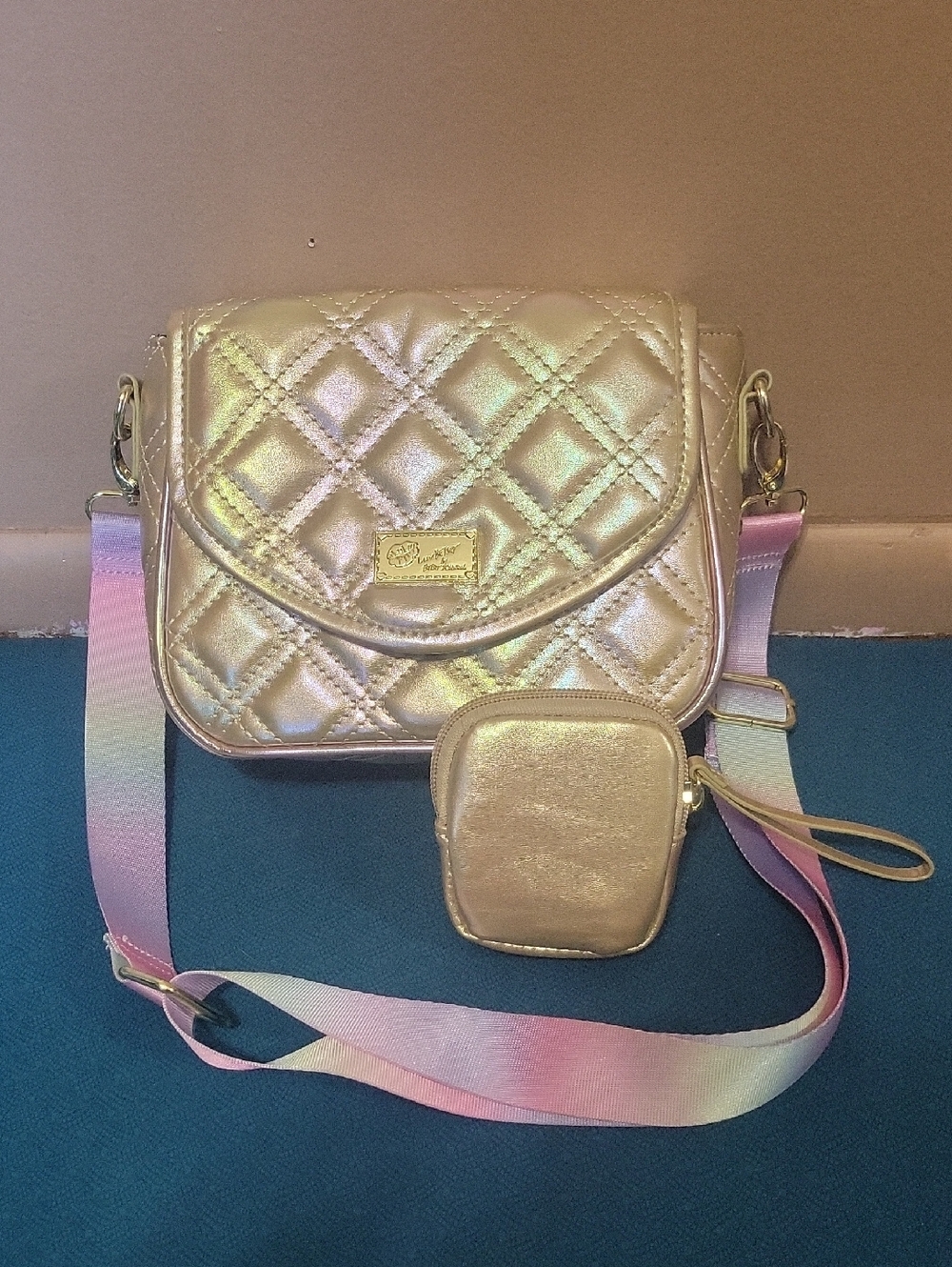 Betsey Johnson - Iridescent Gold Crossbody w/ Pastel Rainbow Strap + Coin Pouch